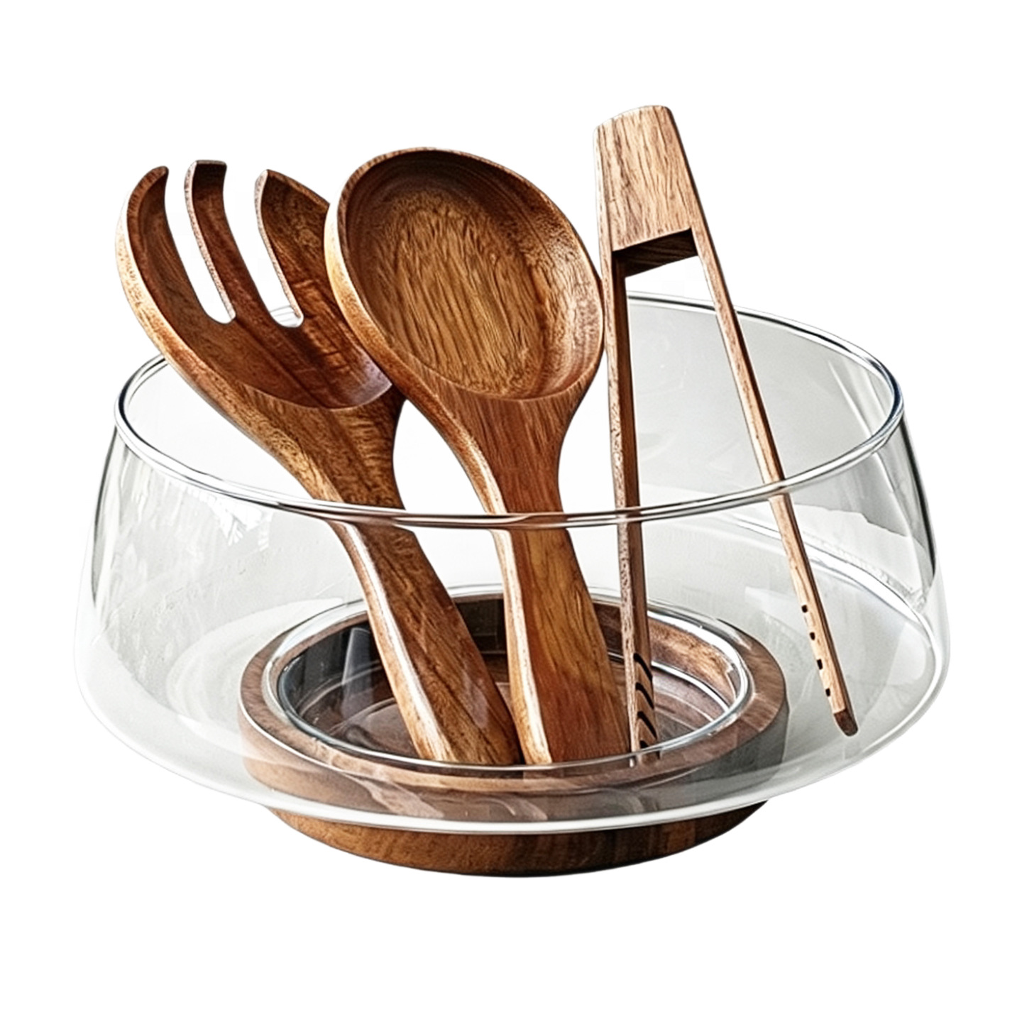 High-legged fruit bowl, living room coffee table, glass cold dish and fruit plate, acacia wood lid with fork, spoon and tongs, salad bowl, transparent box Item Picture