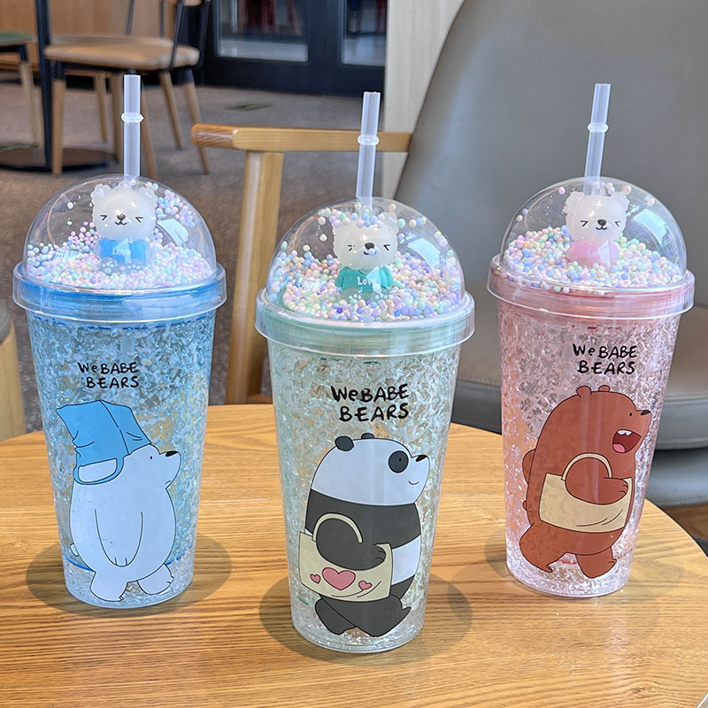 Cross-border new high-appearure-level summer Internet celebrity teddy bear cartoon plastic water cup, straw water cup, double-layer crushed ice cup
