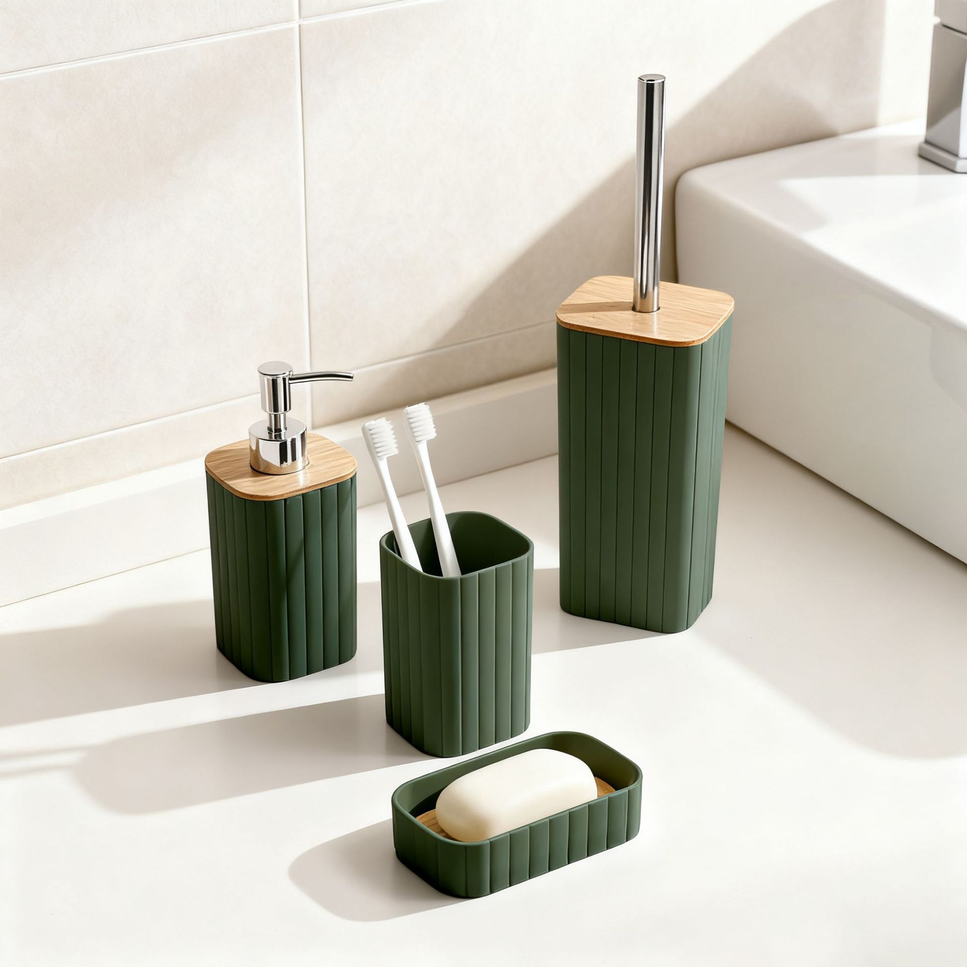 YUFEI Bamboo and Wood cover Striped bathroom and washbasin 6-piece Set, Hotel plastic washbasin storage bathroom 6-piece set details Picture