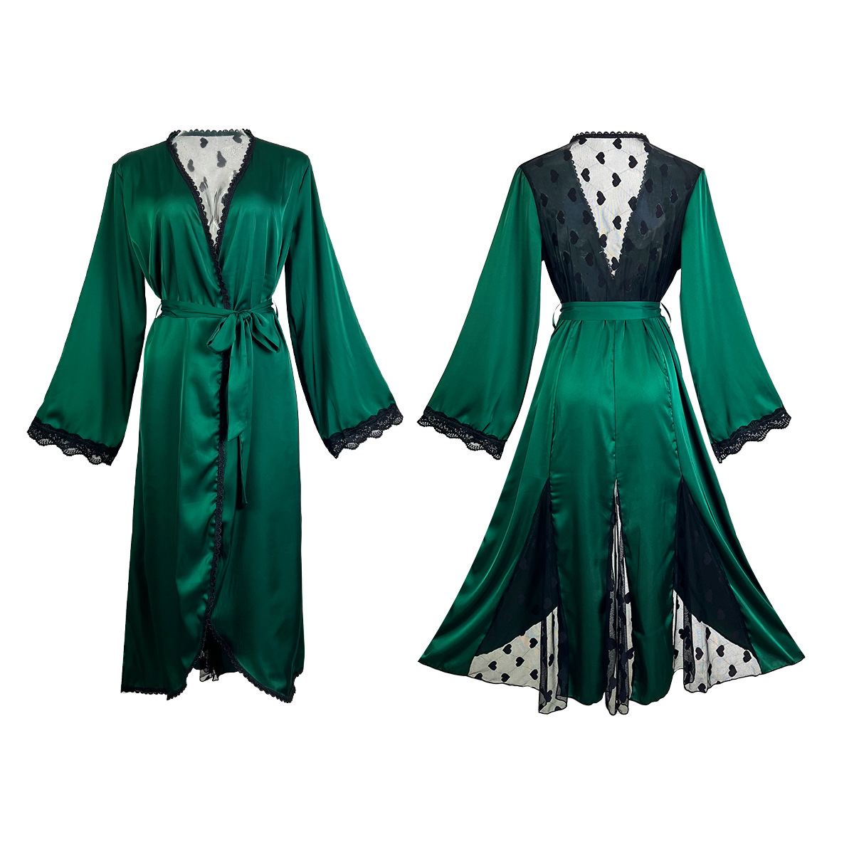New cross-border light luxury long-sleeved V-neck satin lace patchwork long bathrobe, bathrobe and home wear for women, 657 Item Picture