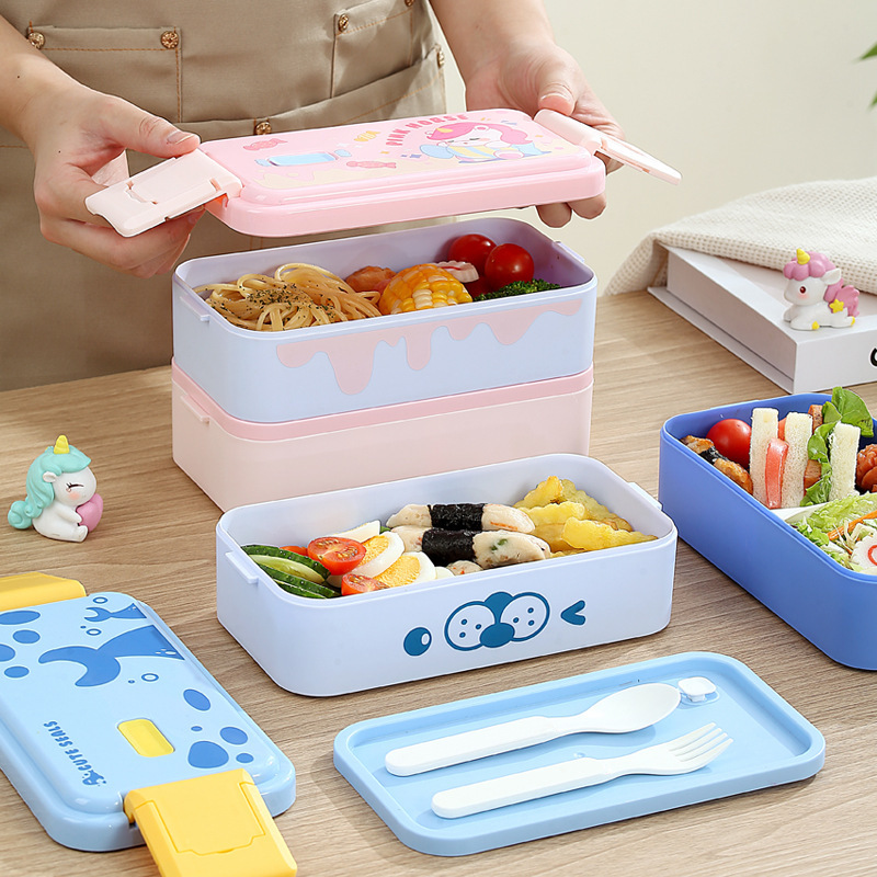 New double-layer cartoon children's lunch box, student portable plastic lunch box, cute compartments lunch box, microwave oven-safe Specification image