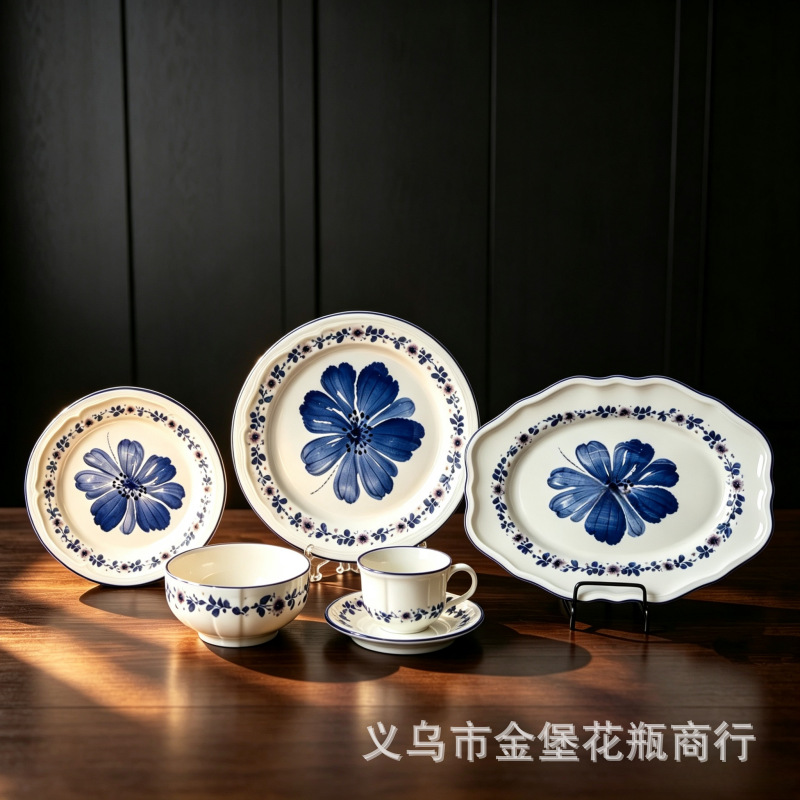 Hand-painted large blue flower ceramic tableware set, retro blue and white relief Western dinner plate, light luxury household tableware wholesale