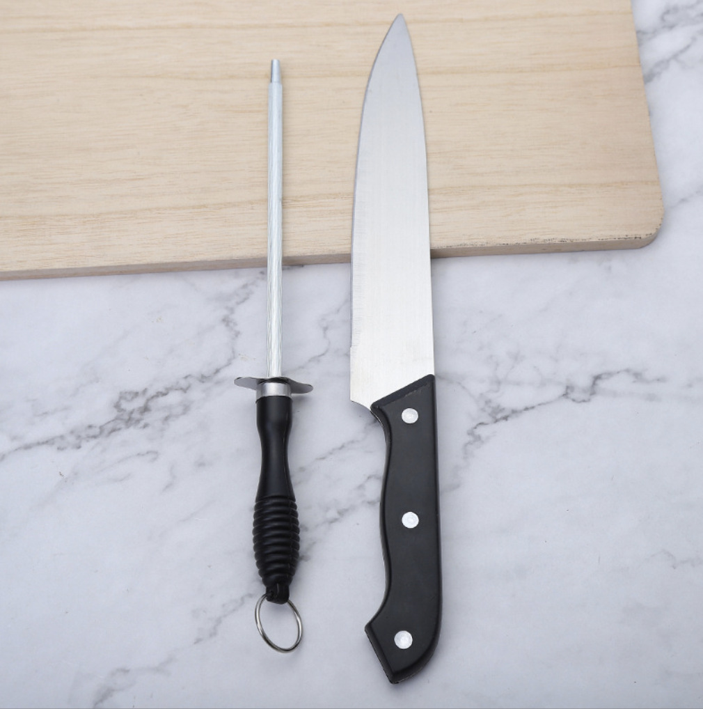 Blue packaging stainless steel kitchen knife set, including black-handled kitchen knives, sharpening sticks and kitchen scissors gift box details Picture