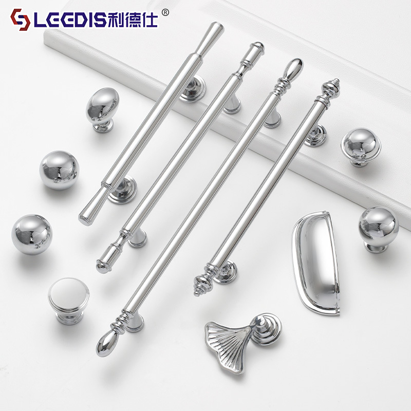 Factory direct sales: French chrome-plated silver wardrobe door handles, modern and simple drawers, bright silver kitchen brass handles details Picture