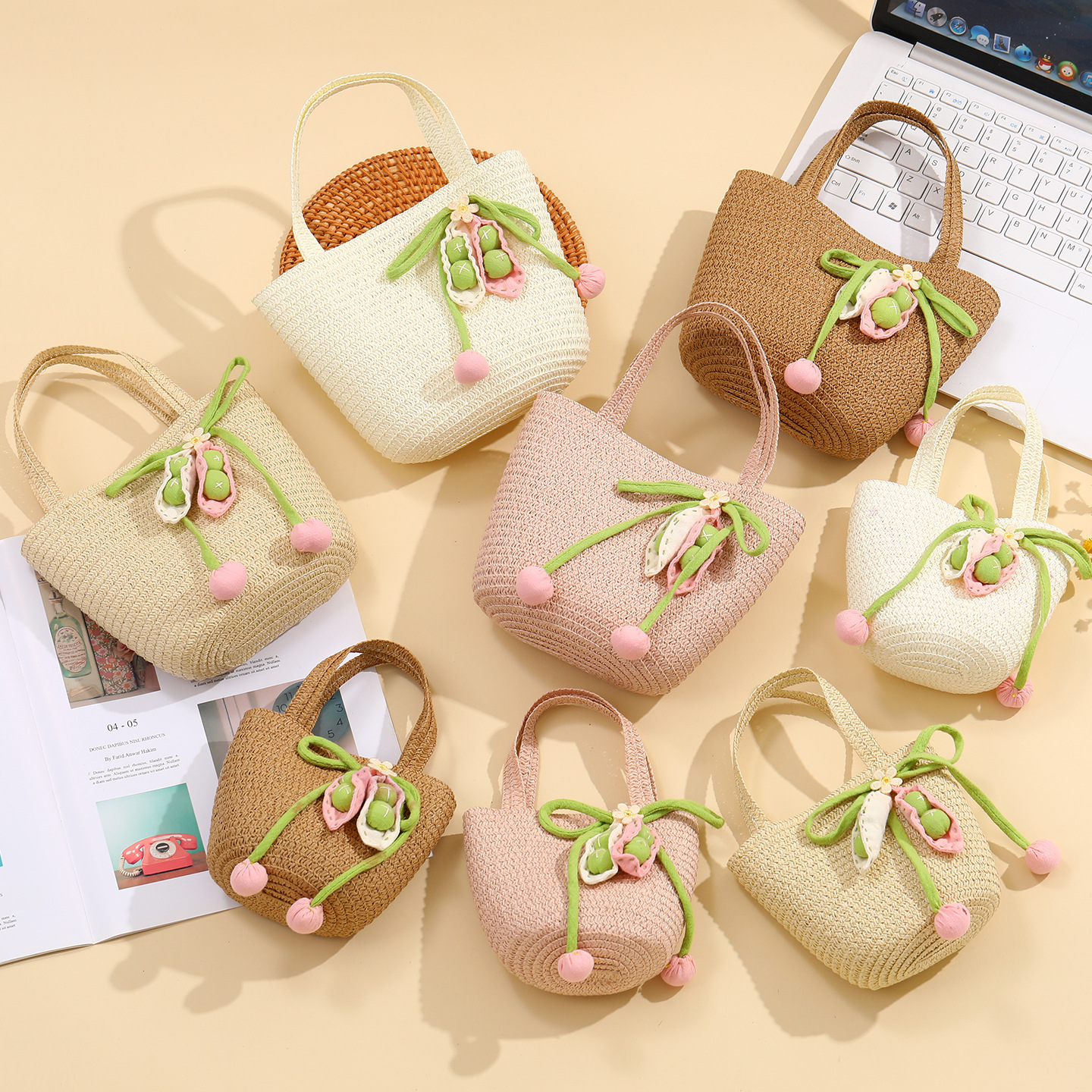 2026 nuevo estilo pequeño fresco y dulce viento tejido hierba trenzada bolsa de gran capacidad playa vacaciones niños portátil bolsa de playa Specification image