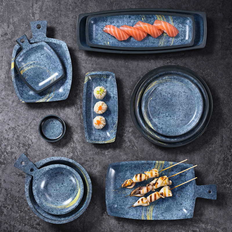 青石金密胺餐具托盘盘圆碟盘杯子勺子隔板酒店餐厅配菜盘批发