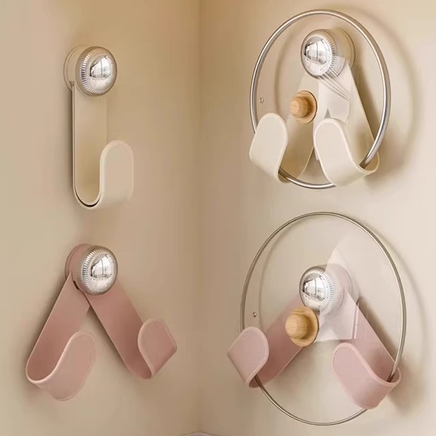 Cream suction cup pot lid rack, kitchen multi-functional cutting board storage rack, adjustable household wall-mounted storage rack without drilling holes