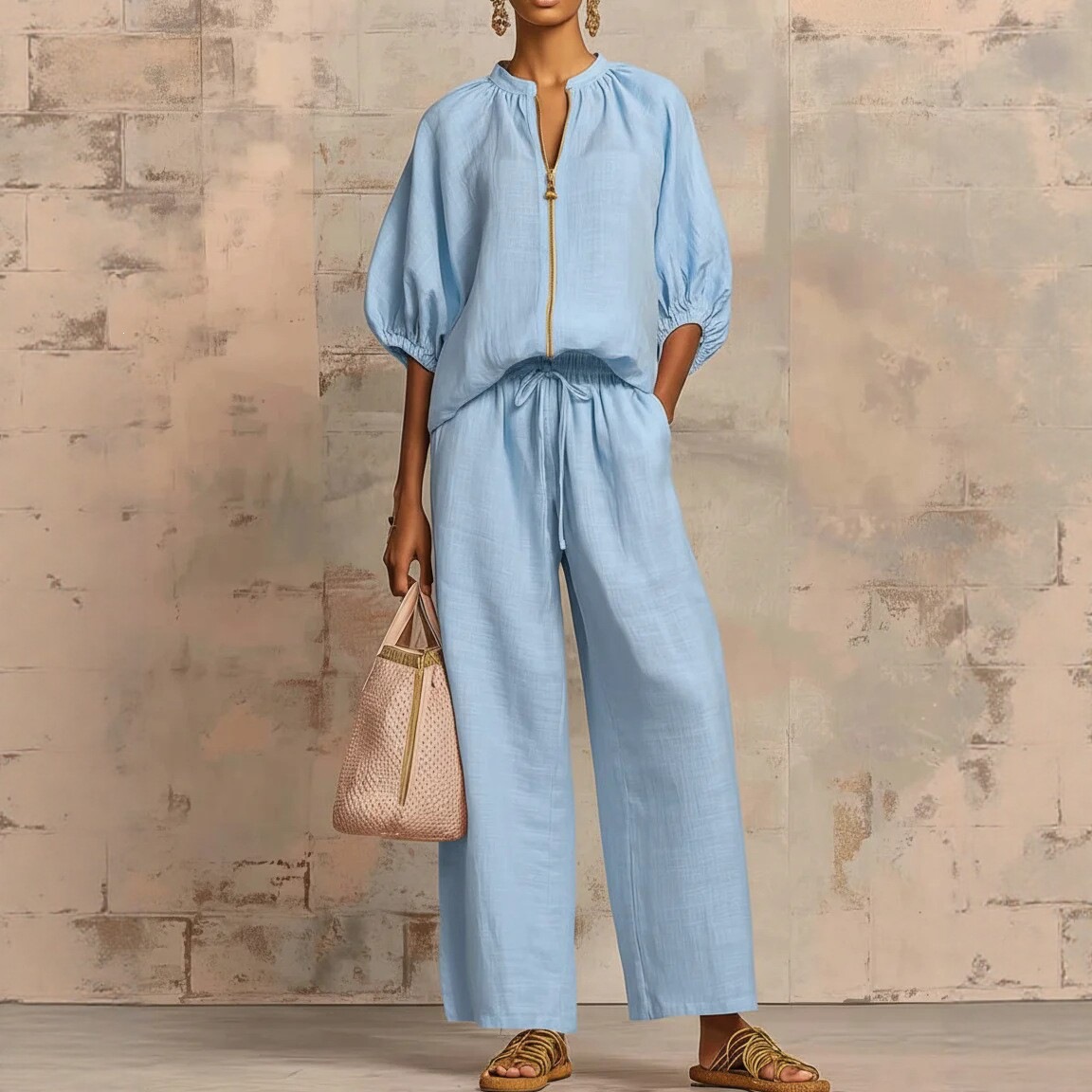 2026 Summer New European and American cross-border women's clothing export casual Loose solid color zipper round neck wide-leg pants set for women details Picture
