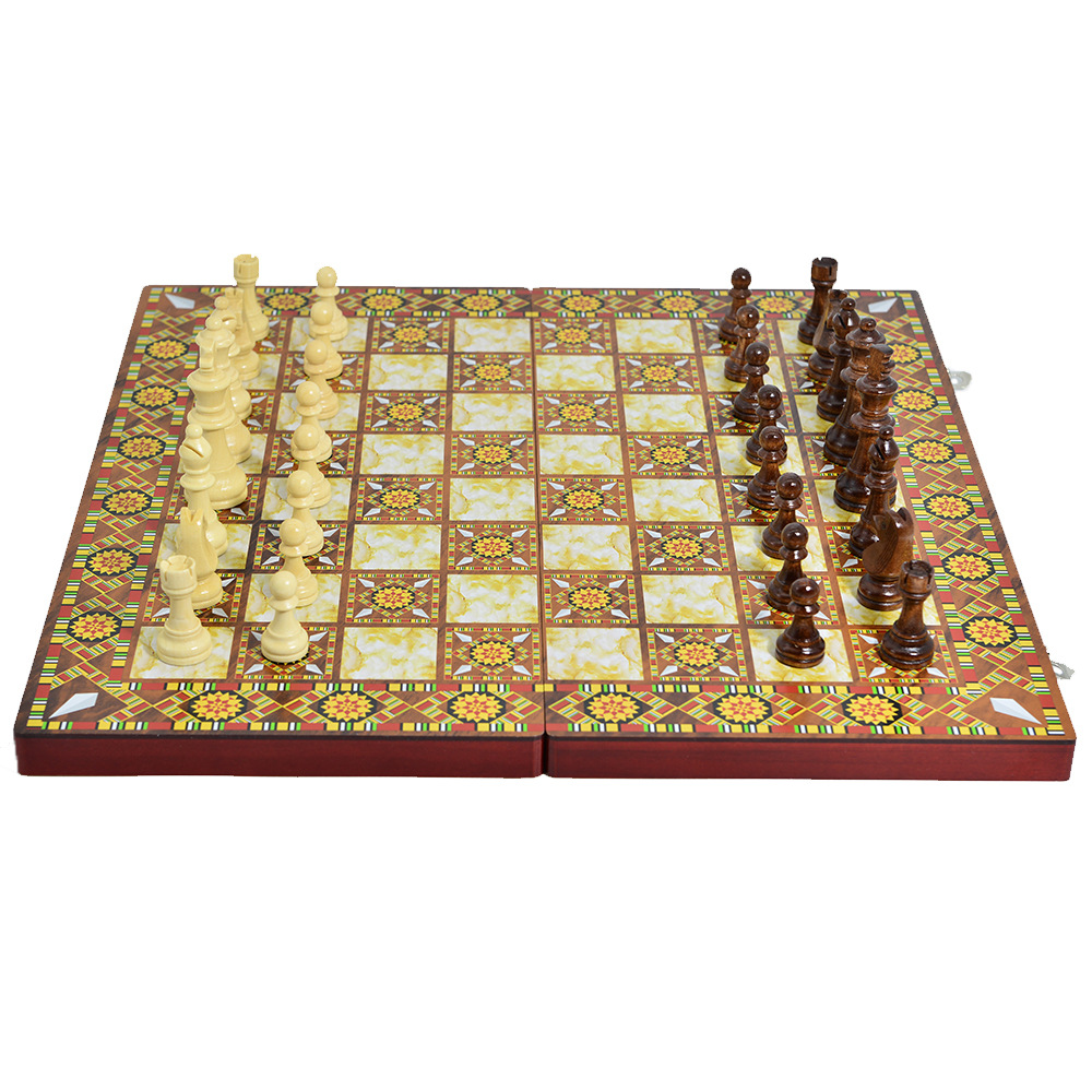 Wholesale and export of high-end, portable and foldable international chess casual entertainment chessboard with a three-in-one pattern and wood design Application Scenario