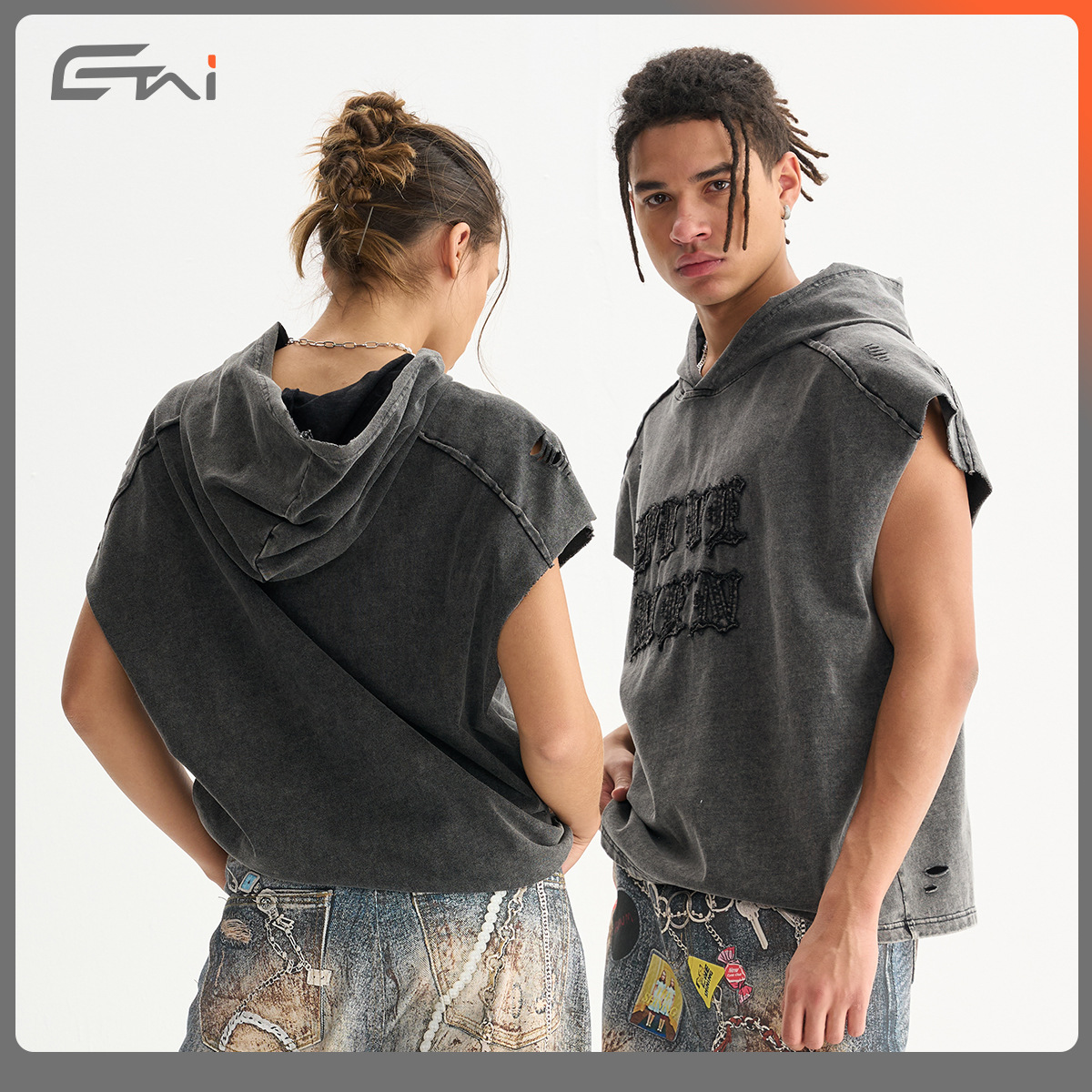 ETAI men's Wear: High-quality American retro hooded sleeveless vest men's fashion brand Boxyfit patchwork worn T-shirt details Picture