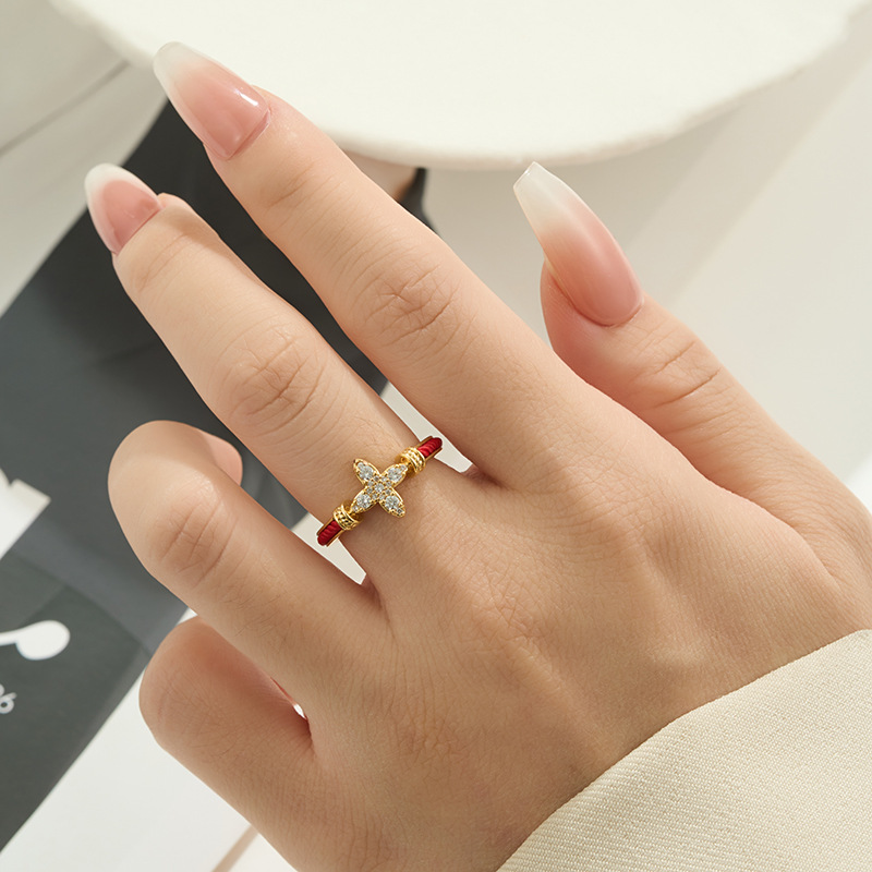 Original design: Red string starlight open ring, copper alloy, real gold electroplated with zircon, adjustable index finger ring details Picture