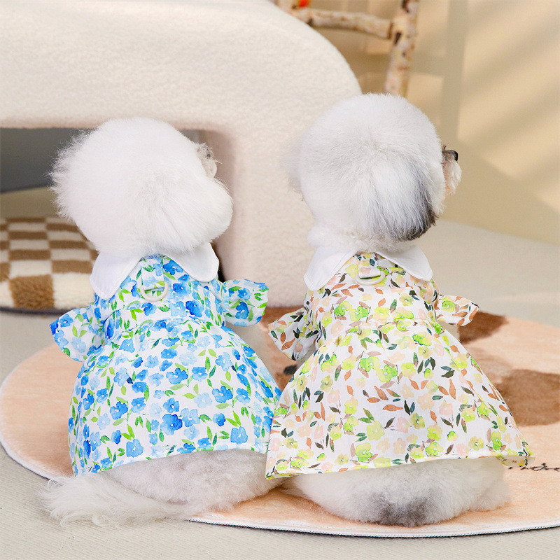 Cachorro blanco vestido con patrón de flor azul pet ropa para perros ropa para mascotas ropa para mascotas details Picture