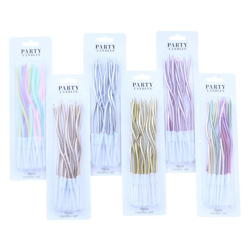 Wholesale birthday cake curved multi-color candles, gold, silver, 12-piece cassette spiral colored candles Item Picture