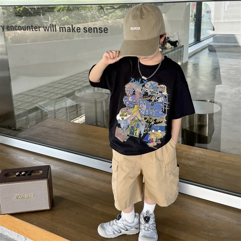 Niño hai ma home chung fan manga corta camiseta de algodón verano 2026 nuevos niños korean versión graffiti ropa niños chung details Picture