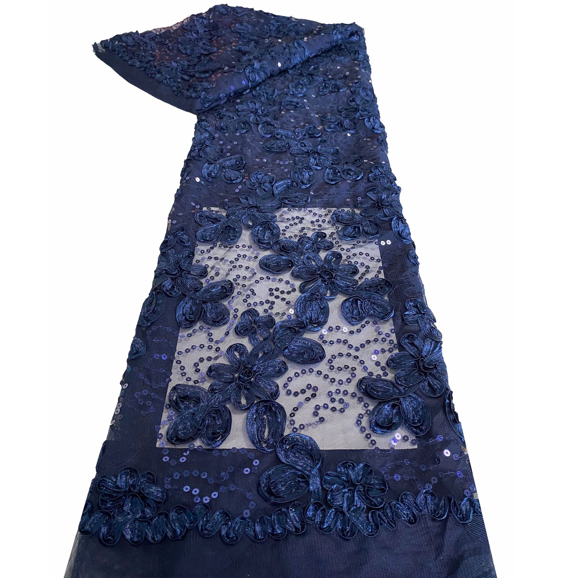 Factory stock of three-dimensional ribbon embroidered fabric, sequined lace fabric, flower-embroidered mesh fabric for women's evening gowns Item Picture