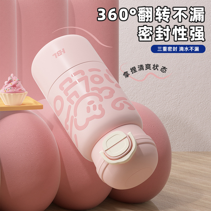 新款高颜值316不锈钢保温杯大容量萌趣儿童双饮杯有背带长效保温细节图