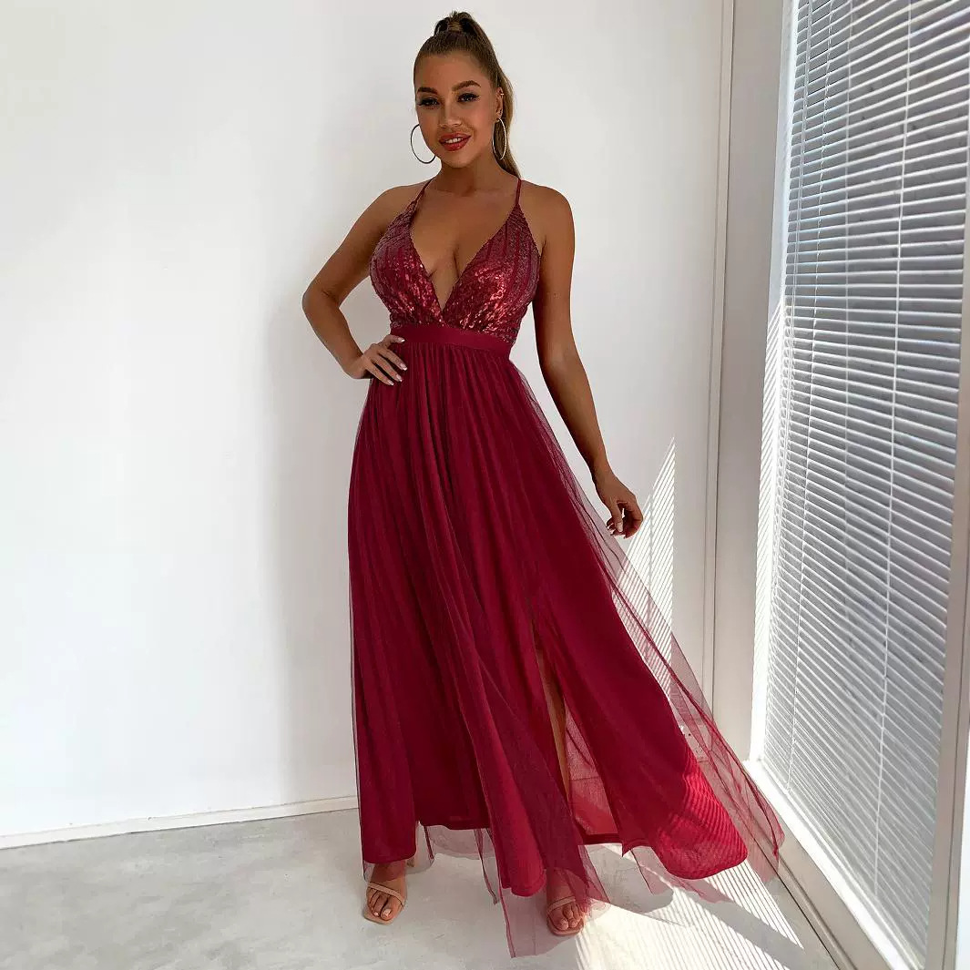 A sexy, romantic, sleeveless and elegant women's dress with a V-neck and halter top, slit mesh and backless design details Picture