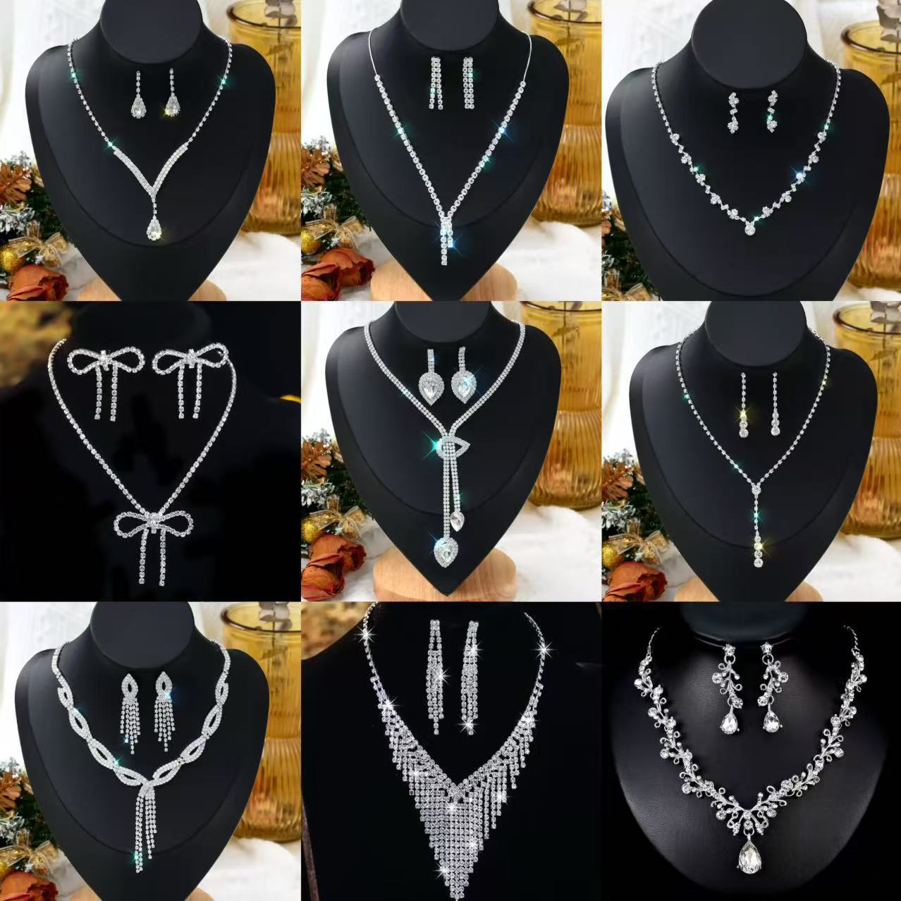 欧美跨境新娘项链耳环套装婚庆简约百搭华丽轻奢抓链水钻套装