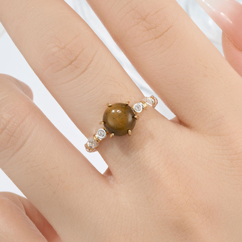 Original factory retro Merado-style tiger's eye open ring, copper alloy bicolor gold electroplated zirconium index finger ring details Picture