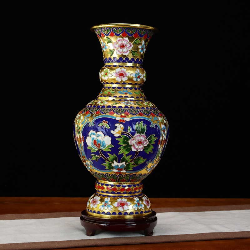 Beijing Jingtai Blue Vase Ornament, Craft Gift, Cloisonne enamel filigree silver Blue 15-inch Noble Peony Flower Mushroom Vase