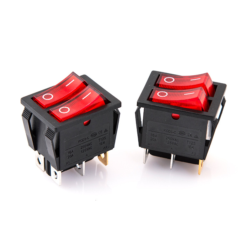 Boat-shaped switch KCD3-C six-pin two-position button switch with light, 16A double-row double-row 25*31mm rocker switch Item Picture