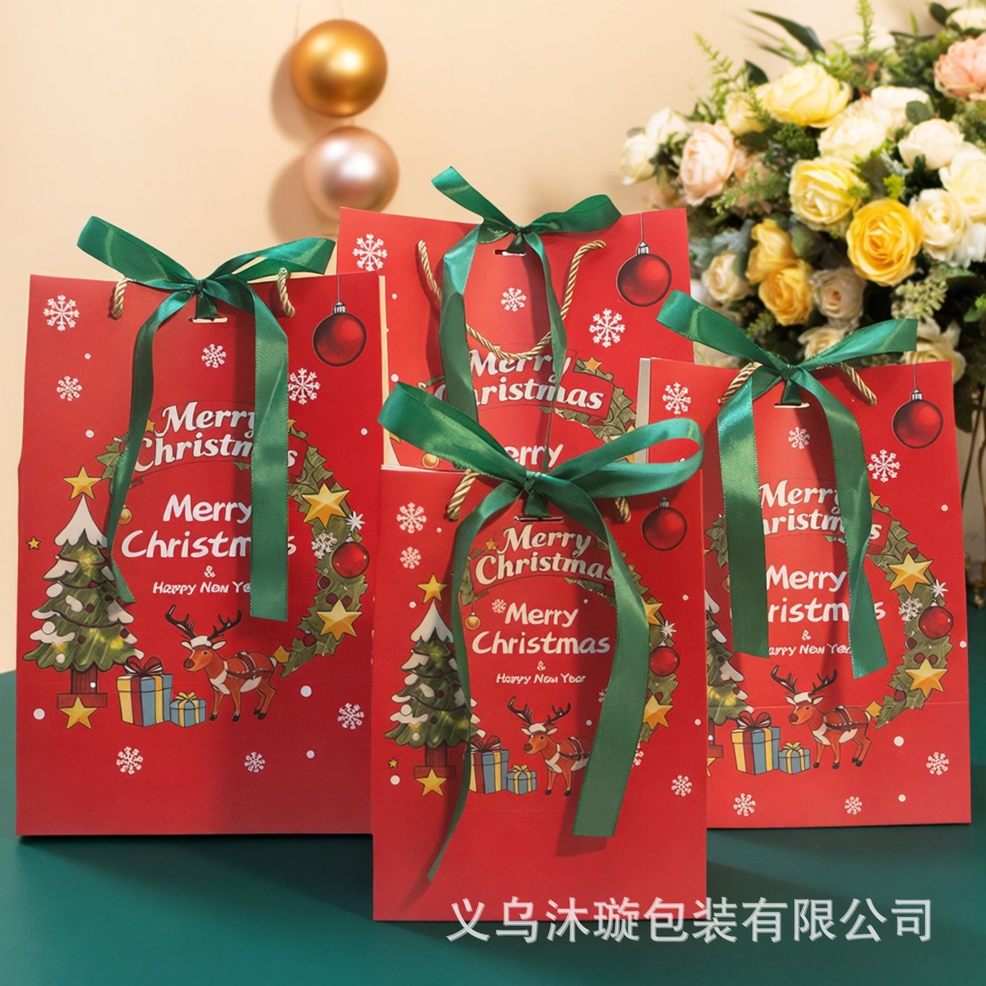圣诞节礼物袋纸袋平安夜苹果花束礼品包装袋蝴蝶丝带手提袋礼品袋细节图