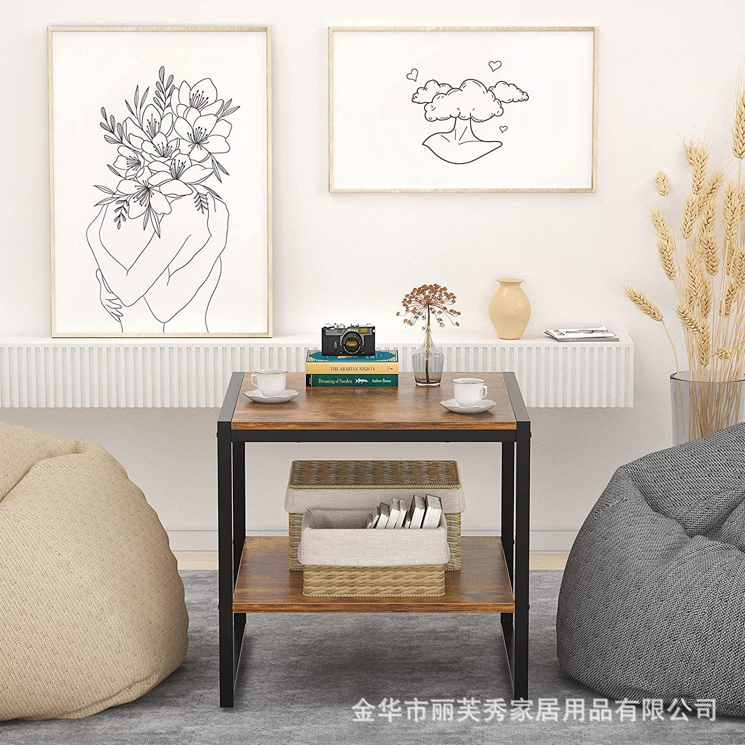 跨境专供简约钢木家具卧室床头柜简易客厅沙发边桌茶几阳台小方桌细节图