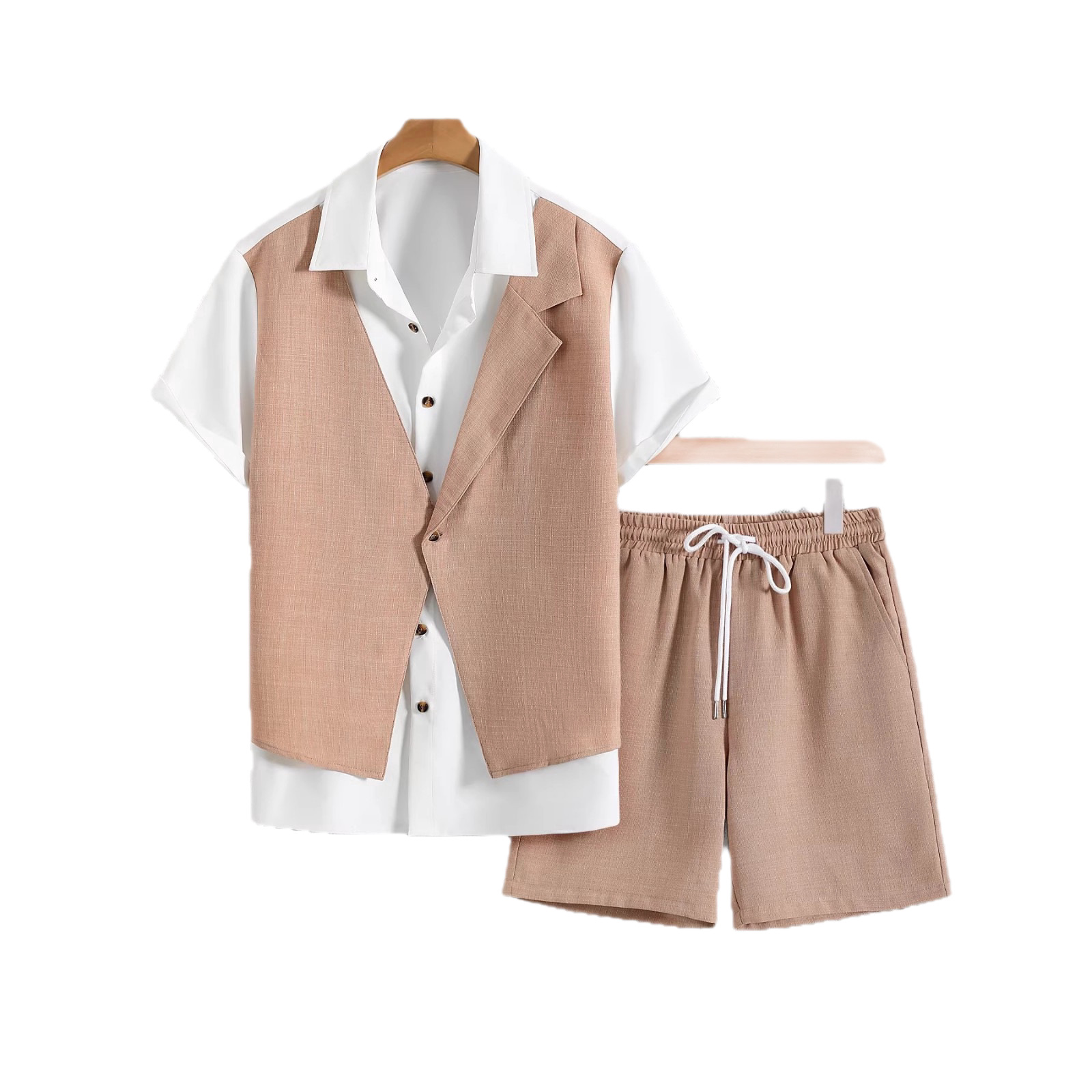 Men's casual suit summer solid-color suit men's thin shorts short-sleeved shirt vest fake two-piece set Item Picture