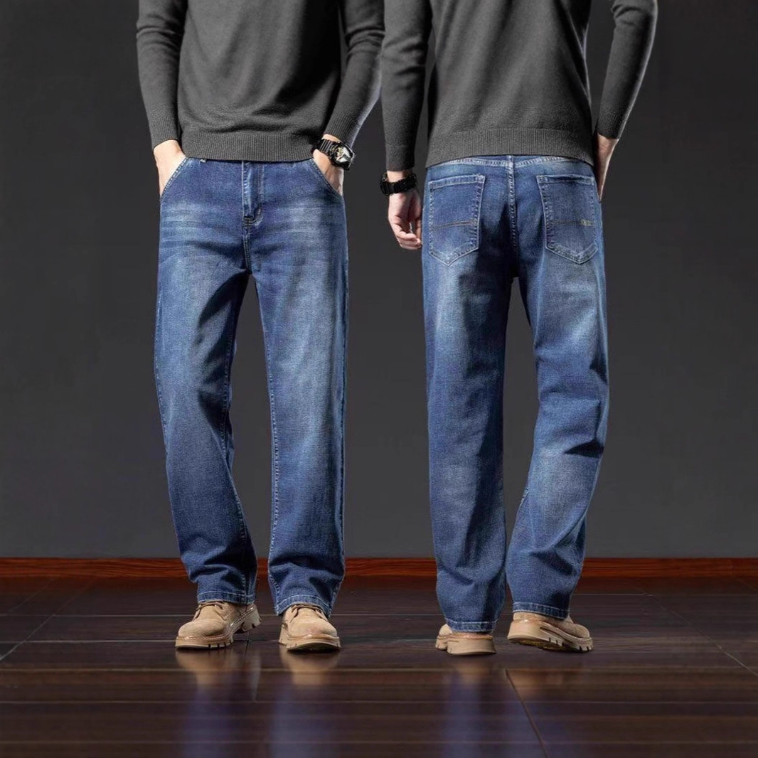 Men's loose straight-leg jeans for autumn and winter, 2025 new large-sized casual, fleece and thickened business elastic dad pants details Picture