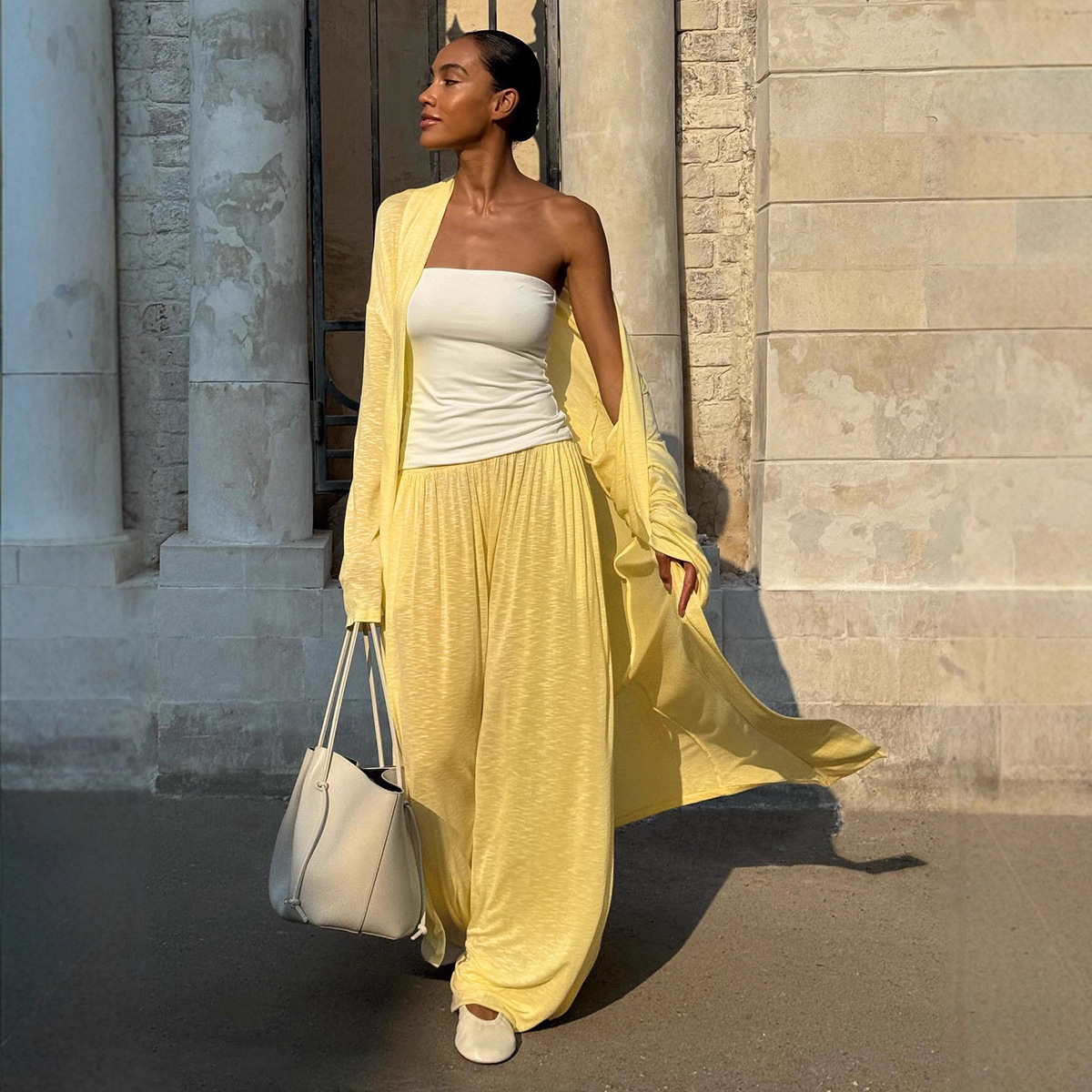 Cross-border long cardigan and long pants set for home wear, women's European and American 2025 autumn shawl + lantern pants pajama set full figure