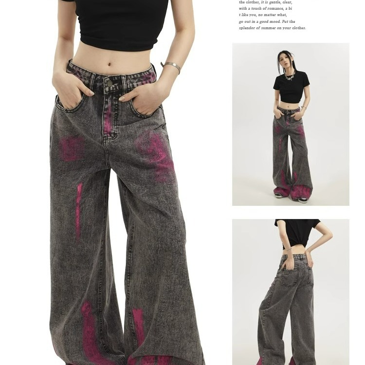 美式高街复古牛仔裤男女春秋新款小众设计感涂鸦嘻哈阔腿拖地裤子