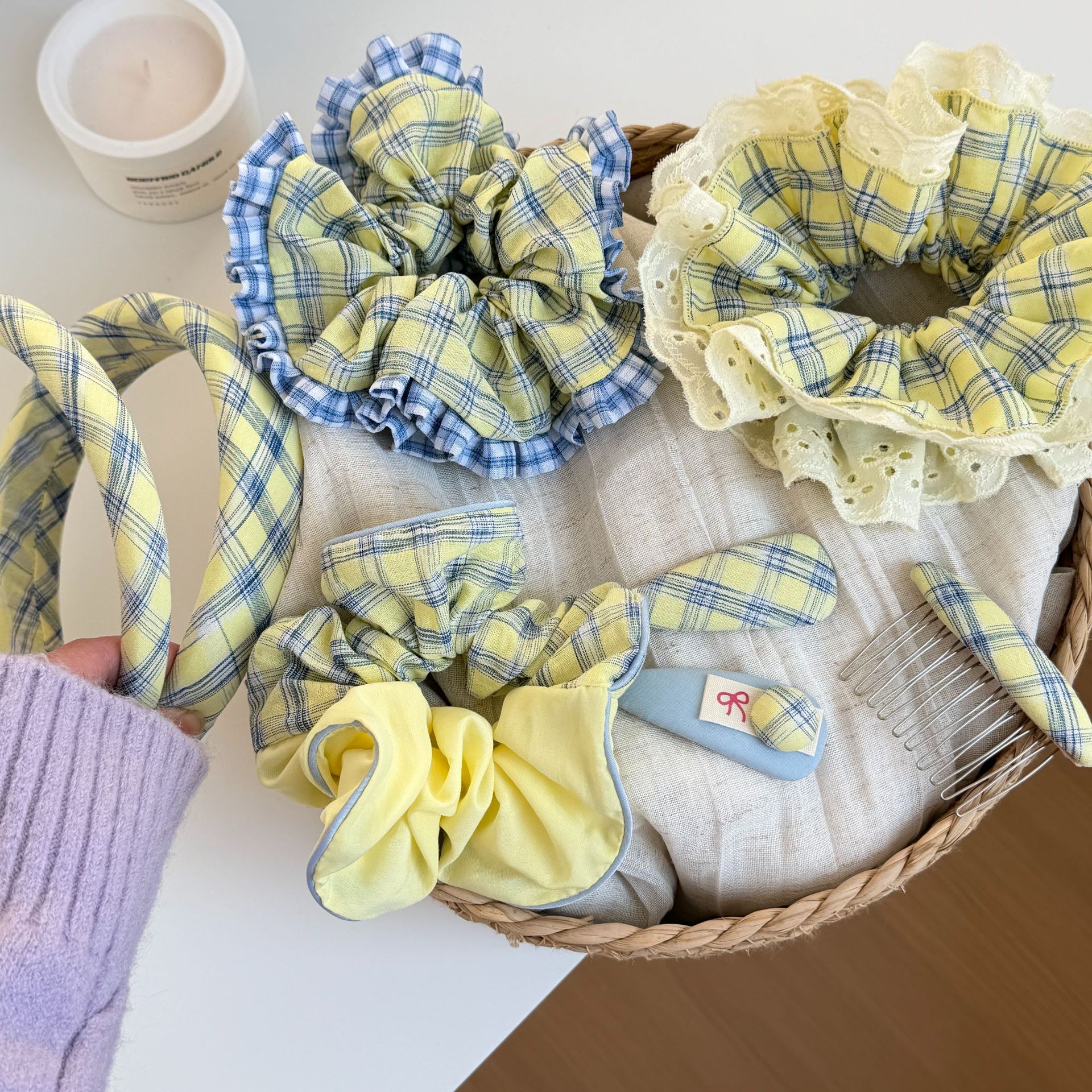 2026年新款黄绿系格子大肠发圈甜美气质发绳扎头发皮筋格纹绑头绳