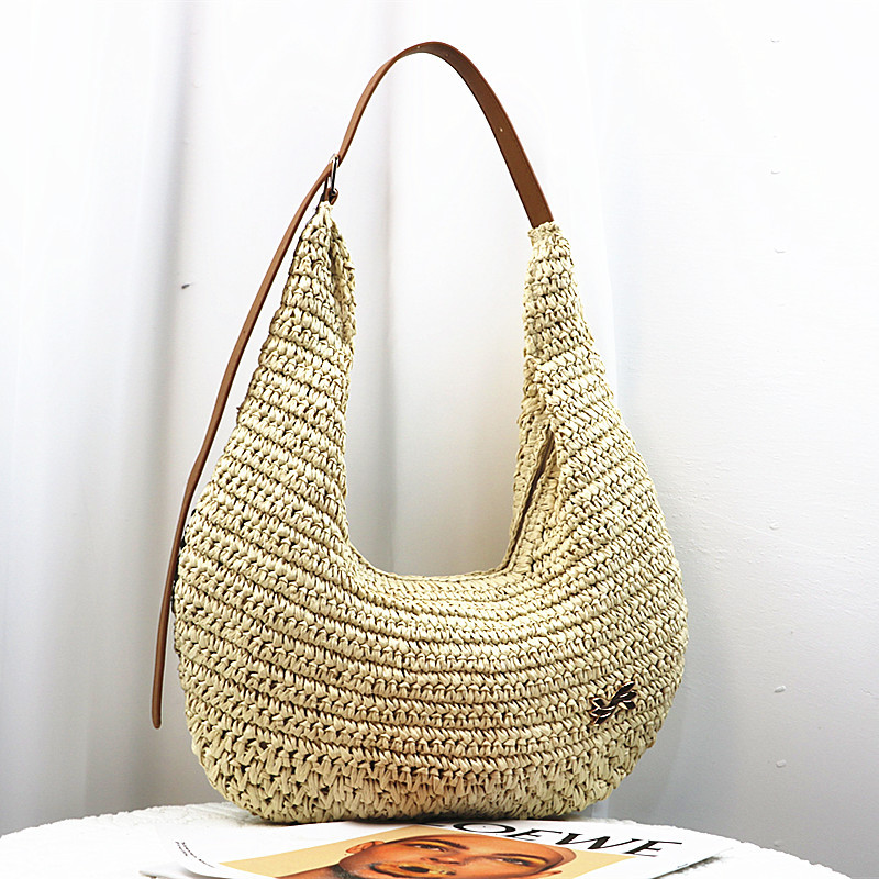 Cross-Border Straw Weaving Bag, Women's Summer New Casual Large-Capacity Hand-Woven Bag, Commuting Single-Shoulder Crossbody Dumpling Bag, Hand-Woven Straw Weaving Bag details Picture