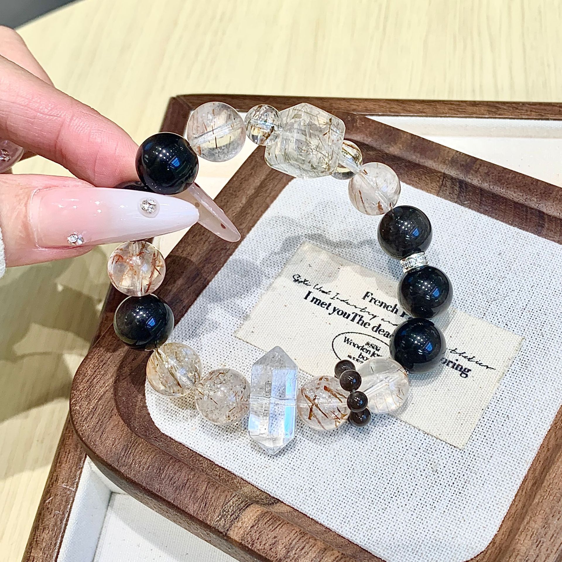 黑金超七天然水晶手串 轻奢小众高级感黑金超七手链 水晶手串批发