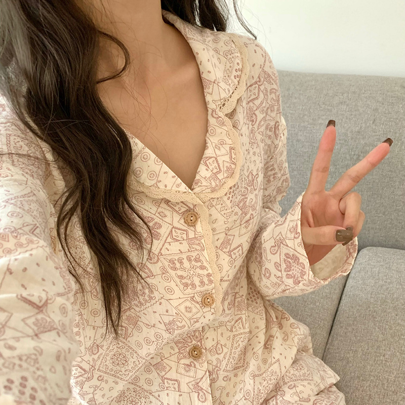 2025 New Spring Sleeping Korean style high-quality double-layer pure cotton gauze sweet and casual two-piece pajamas for women's home wear