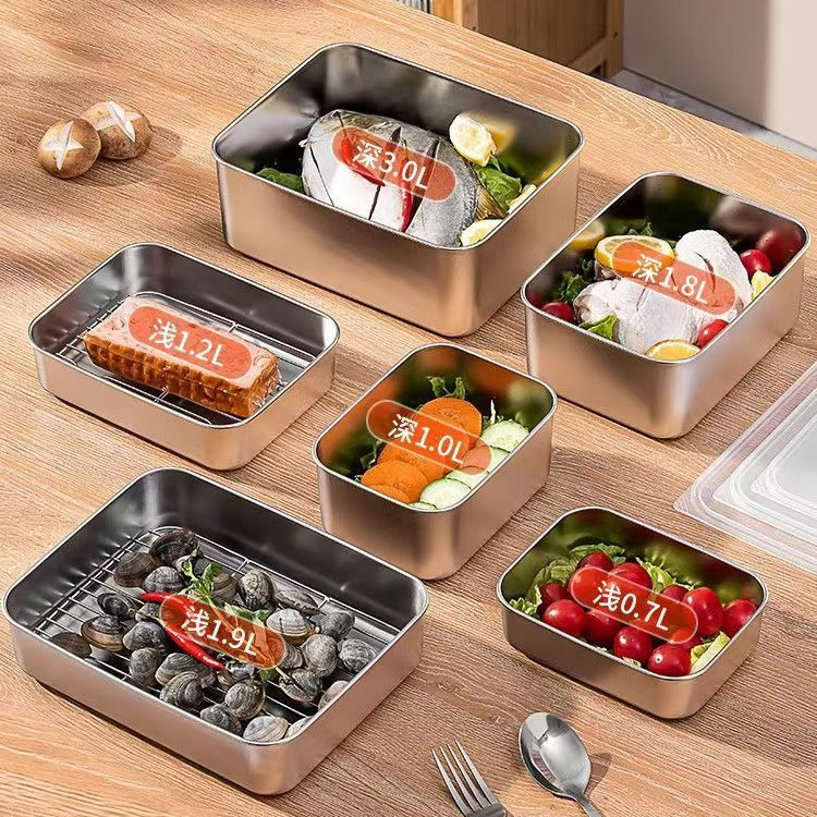 Stainless steel thickened fresh-keeping box with lid, refrigerated box, frozen box, commercial food storage box, fruit and vegetable fresh-keeping box, square box details Picture