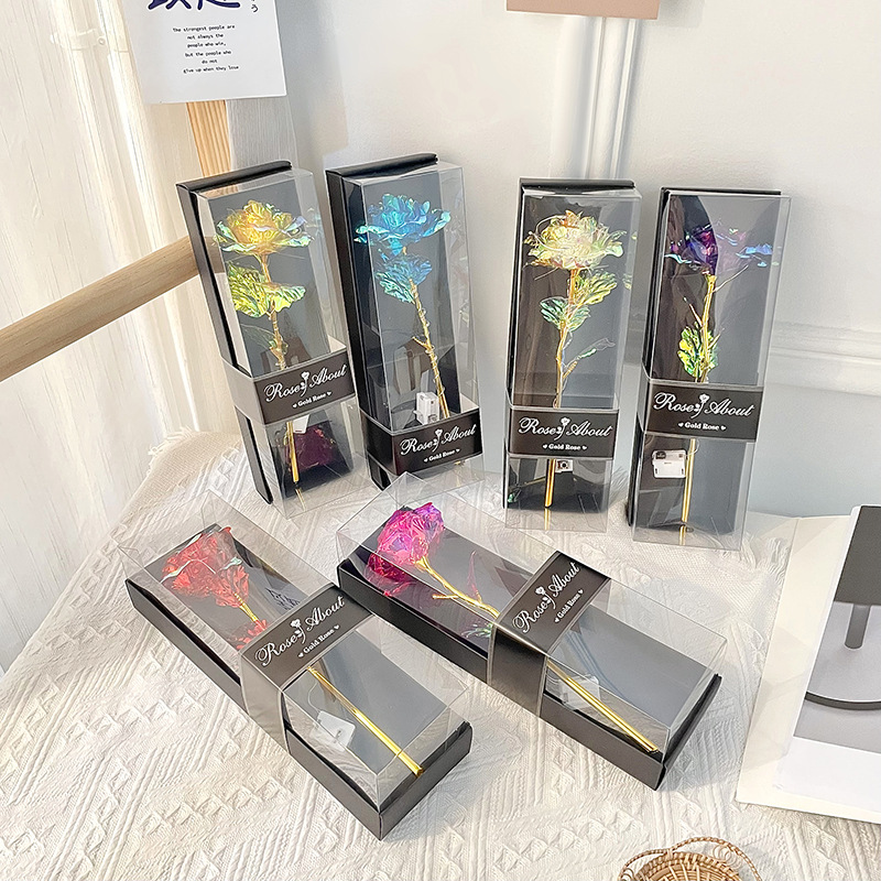 七夕金箔玫瑰花开窗pvc礼盒包装情人节礼物自带亮灯地摊花束批发