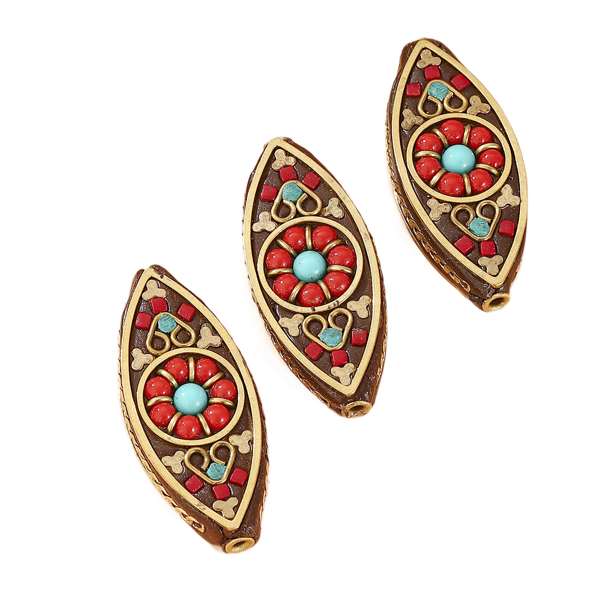 Tibetan-style Nepalese vintage bead hand-inlaid red and blue turquoise DIY jewelry accessories, ethnic style cultural play bucket Item Picture