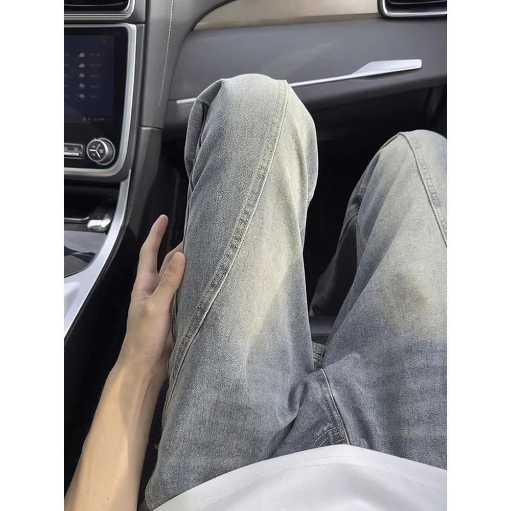 Retro blue diagonal flared jeans for men, autumn American high street vibe pants, cleanfit straight-leg curved knife pants Specification image