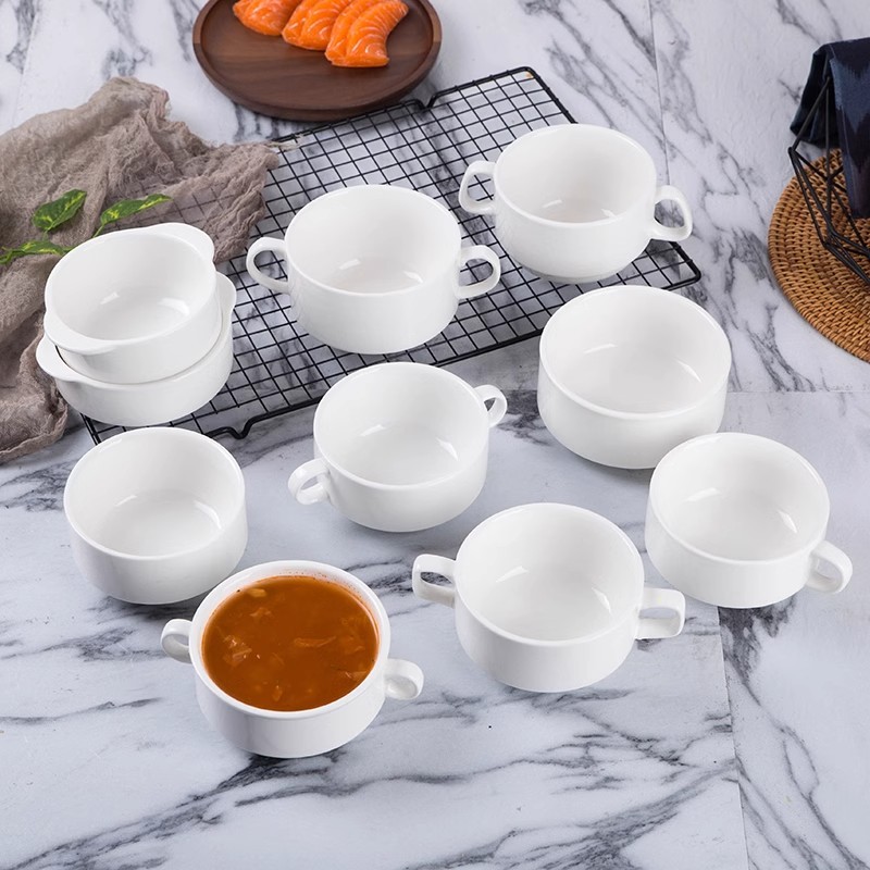 批发纯白陶瓷酒店西餐厅双耳汤碗汤杯带盖汤盅炖盅西式甜品早餐碗