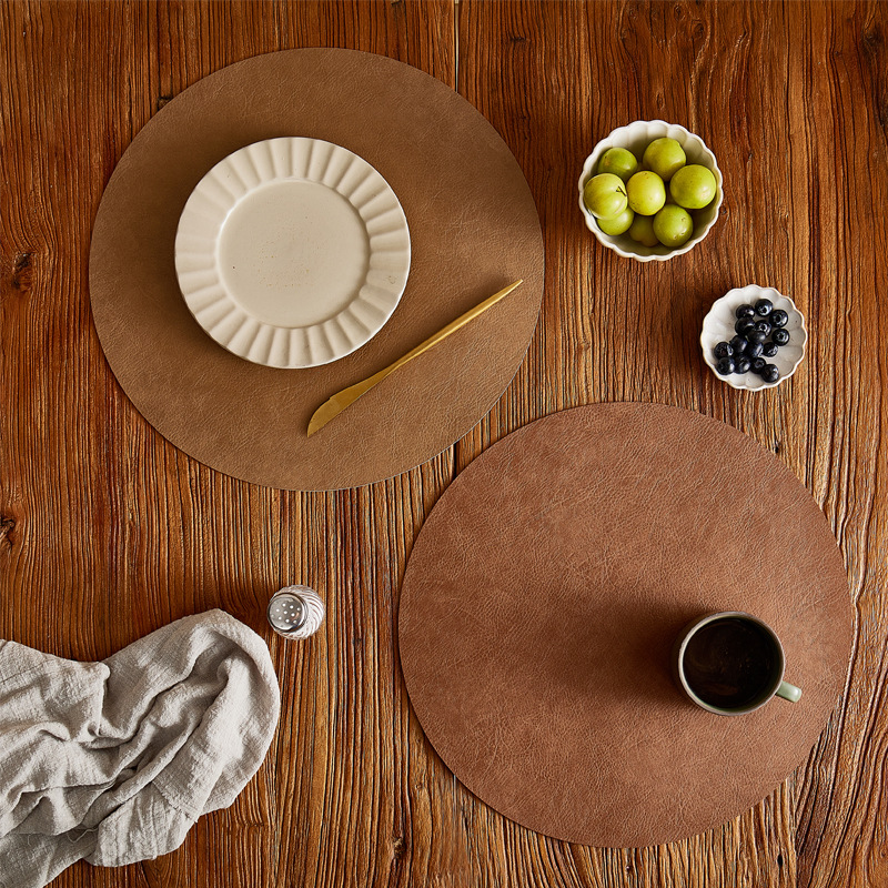 轻奢风双面复古牛皮纹圆餐垫加厚隔热防油污家用桌垫皮革餐垫餐具