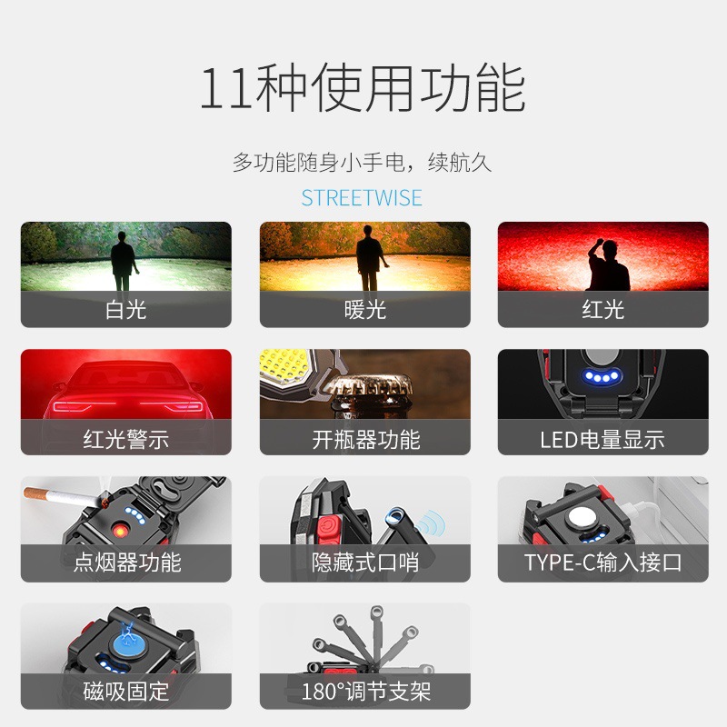 高亮迷你照明灯COB大泛光多功能工作灯 三光源可点烟开瓶盖产品图