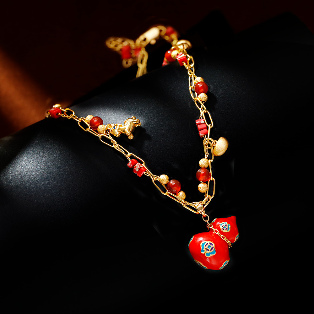 Hyacinth original design enamel drop glaze red gourd pendant necklace, Douyin hit ancient method sand gold inlay sweater chain