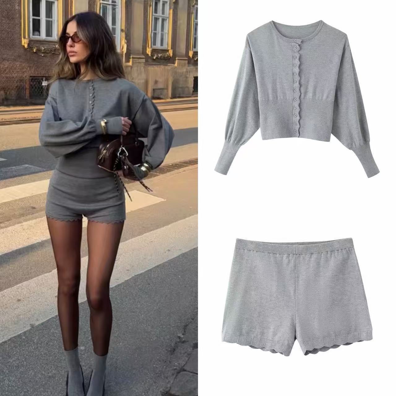 Aliexpress Cross-border Pass's best-selling 2026 Spring New Commuter style knitted slimming cardigan top and shorts set full figure