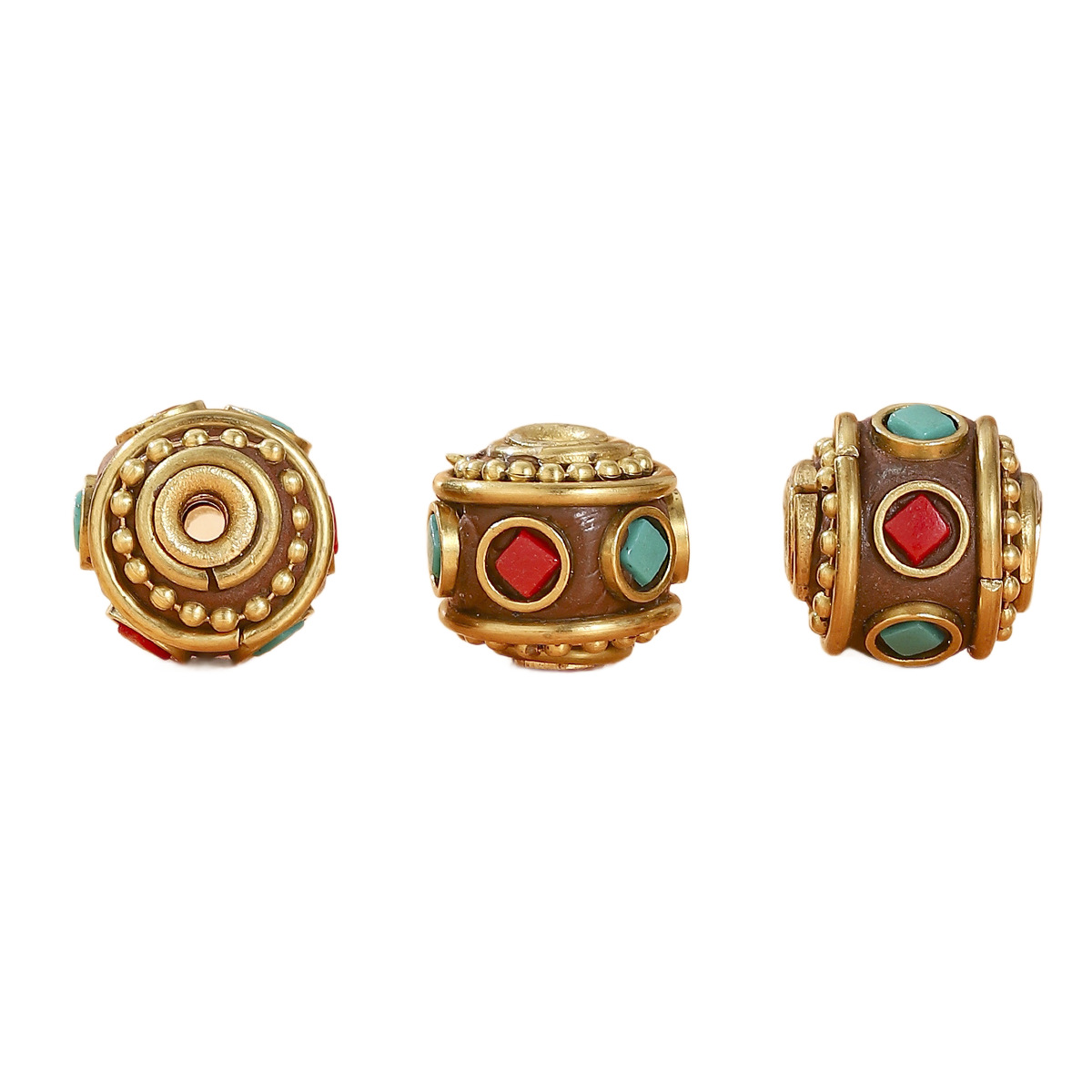 Tibetan ethnic style Nepalese retro copper beads inlaid with red and green gemstone partition beads DIY jewelry accessories bucket beads Item Picture