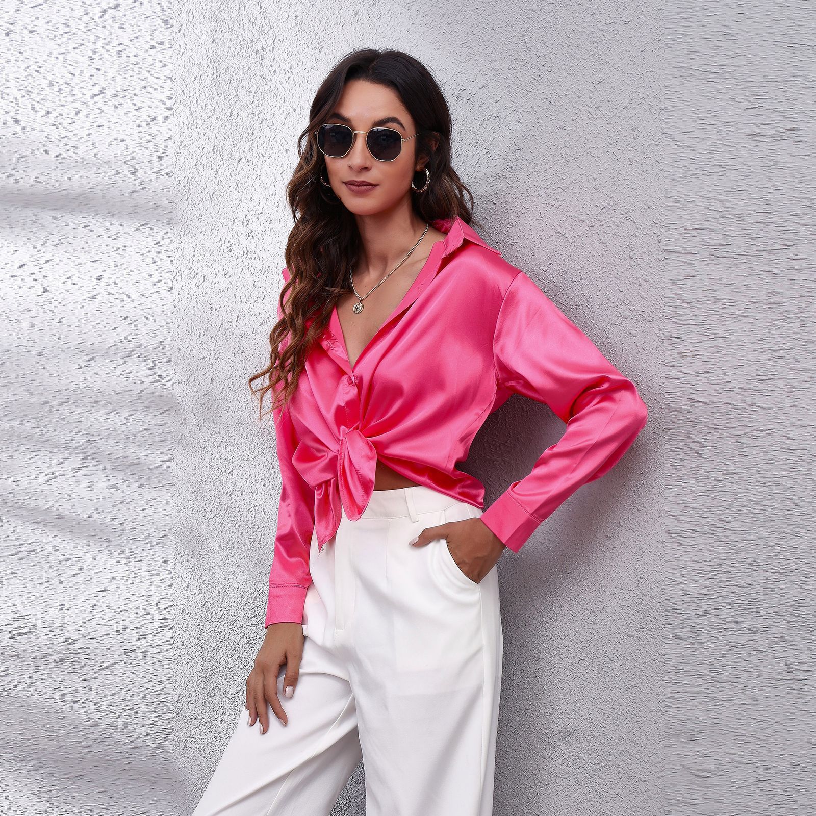 A new style of women's clothing for cross-border trade in Europe and America, featuring a hot-selling color satin shirt and a satin silk-like long-sleeved shirt Application Scenario