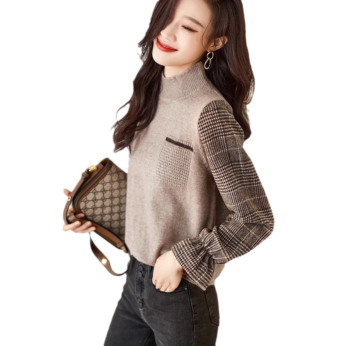 Two fake sweater women's tops for Spring and autumn 2024, knitted base layer, stylish patchwork top, checkered flared sleeves Item Picture