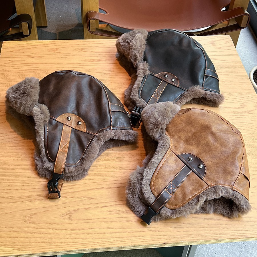 New leather windproof star Lei Feng hats for men and women, warm outdoor retro thickened Northeast flight hats Specification image