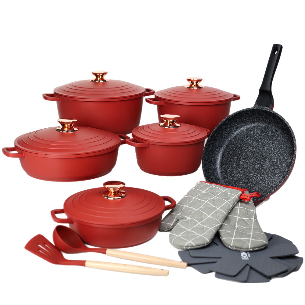 Donnor canon 18pcs set aluminio fundido esmalte antiadherente granito aluminio tapa set pote exterior revestimiento fondo caja de color Item Picture
