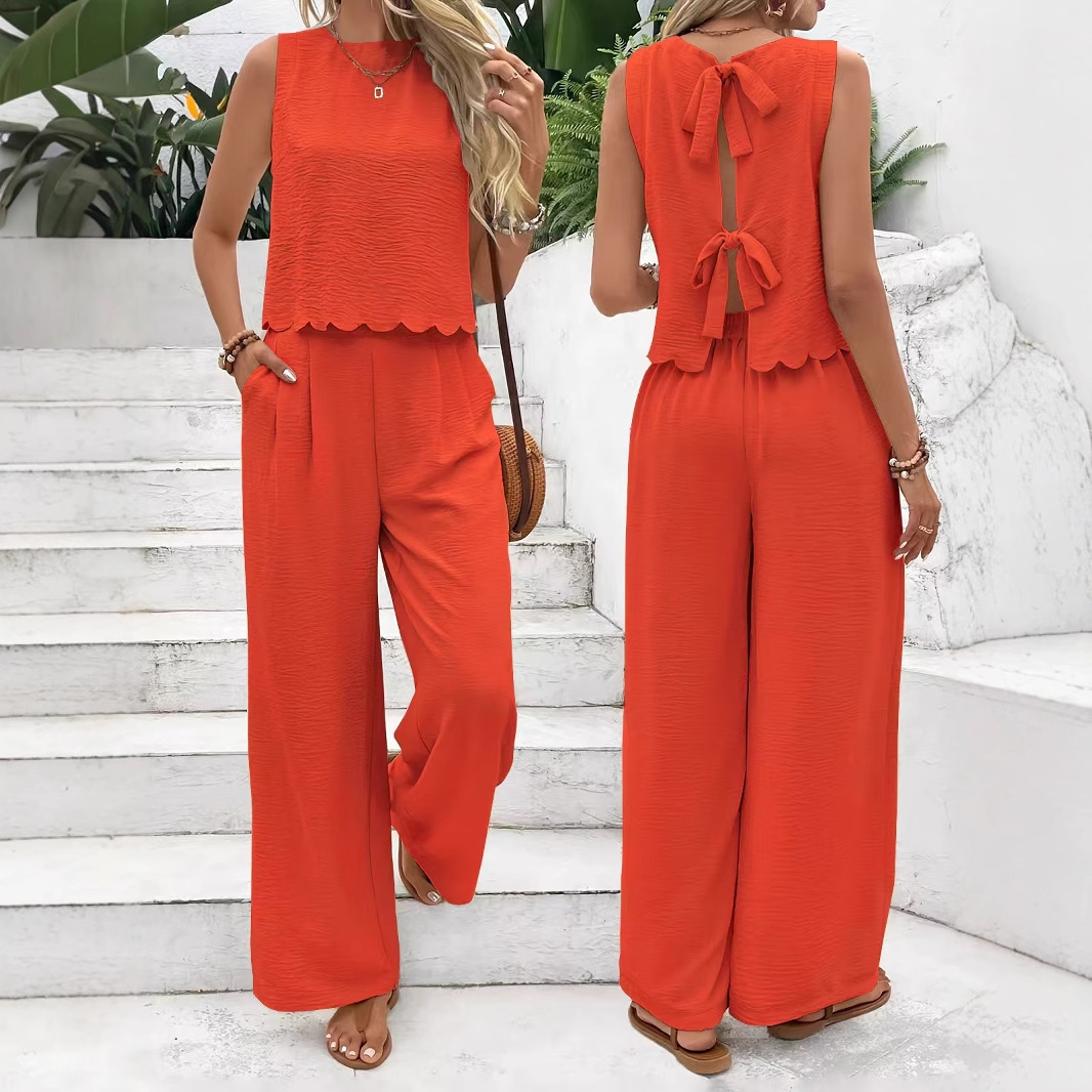 2026 European and American cross-border Spring/Summer New solid-color T-shirt and wide-leg pants two-piece French fashion and elegant women's clothing set details Picture